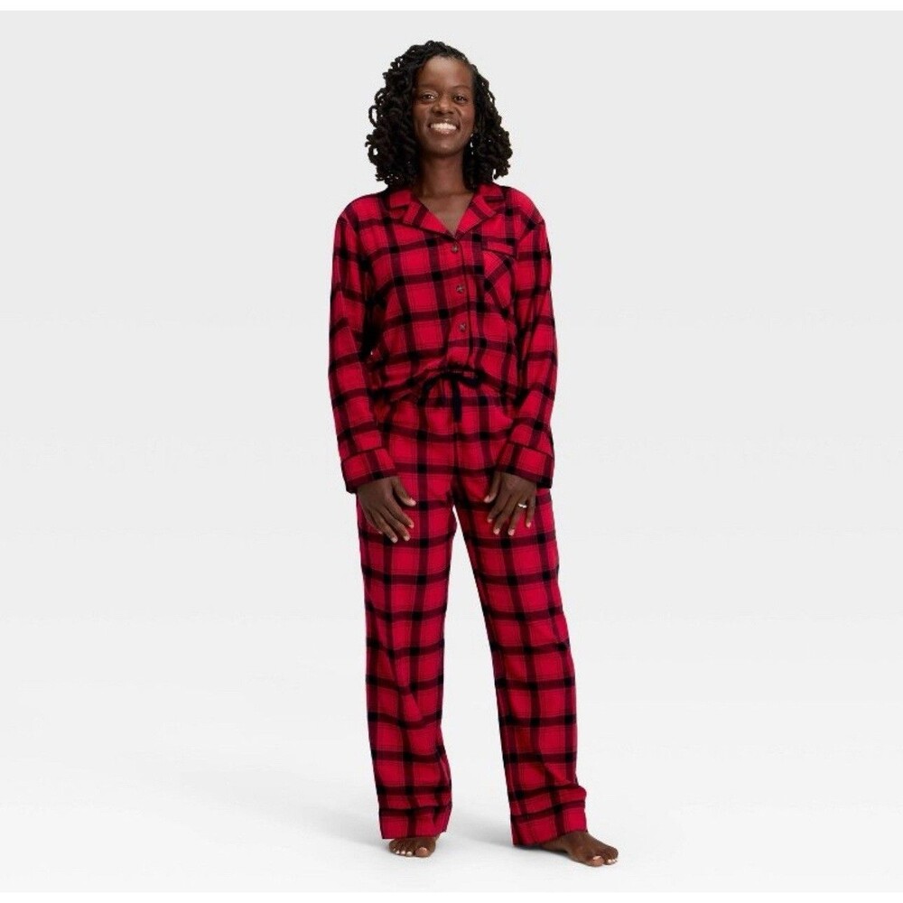 Womens Plaid Flannel Long Sleeve Shirt And Pants Pijama Set, Size Small NWT